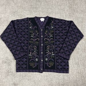 Cherry Lewis Sweater Womens Medium Purple Wool Floral Tapestry Cardigan England
